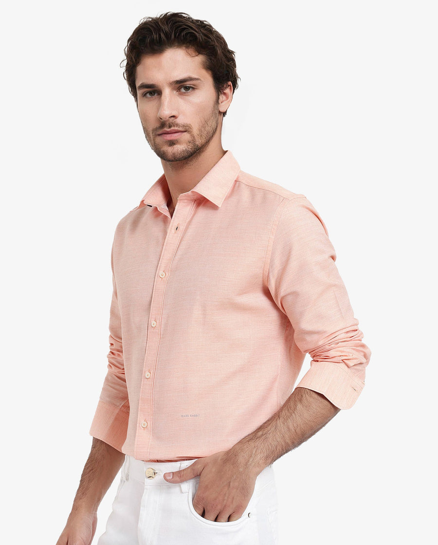 Rare Rabbit Men's Chapelle Flouroscent Peach Cotton Plain Regular Fit Full Sleeve Collared Shirt