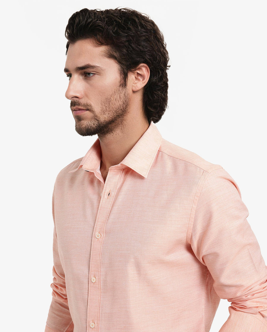 Rare Rabbit Men's Chapelle Flouroscent Peach Cotton Plain Regular Fit Full Sleeve Collared Shirt