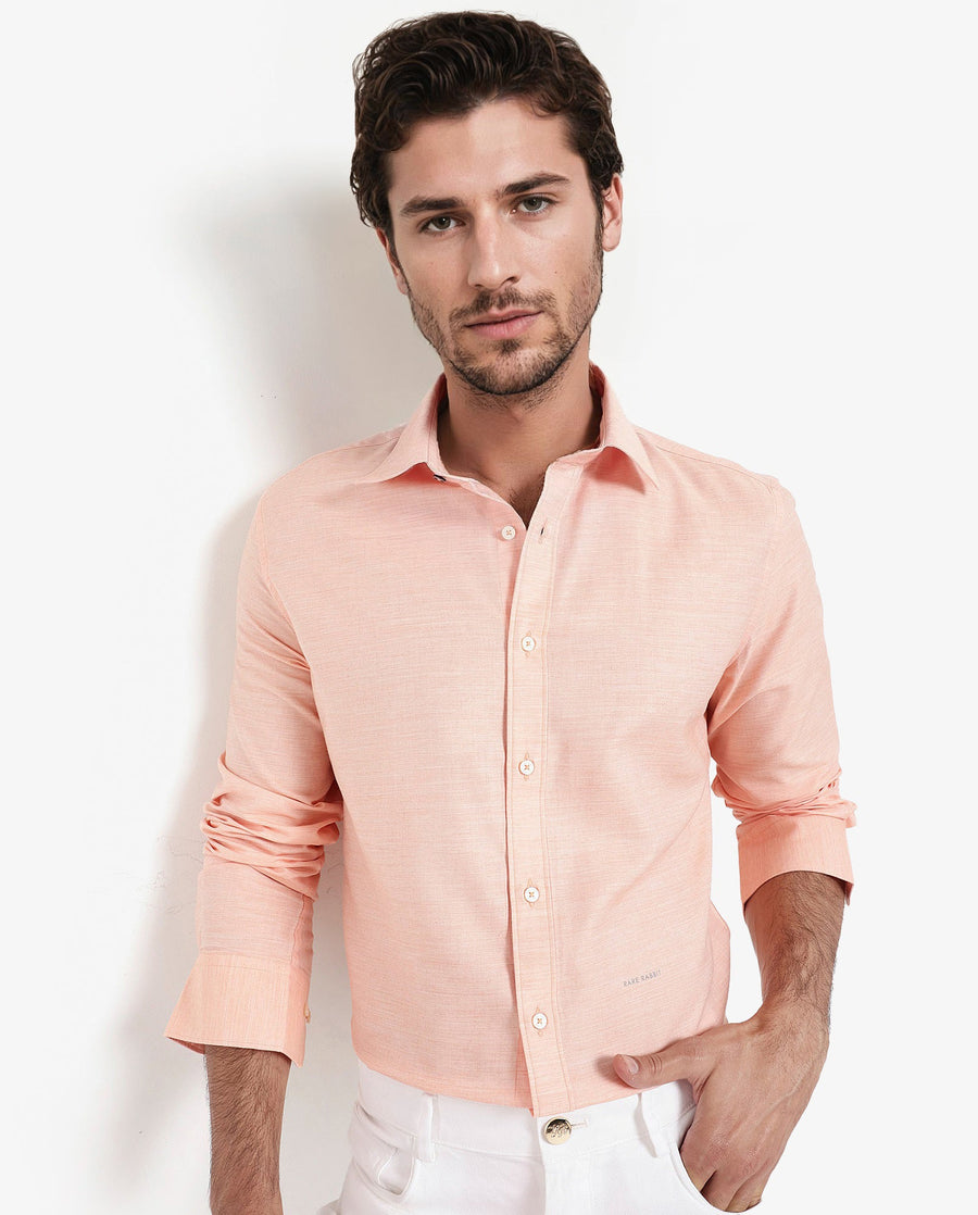 Rare Rabbit Men's Chapelle Flouroscent Peach Cotton Plain Regular Fit Full Sleeve Collared Shirt