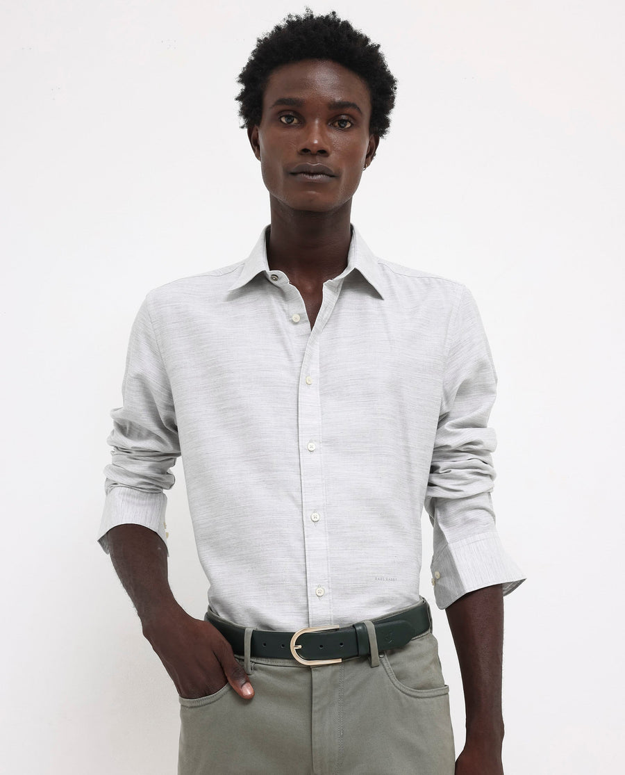 Rare Rabbit Men's Chapelle Light Grey Cotton Plain Regular Fit Full Sleeve Collared Shirt
