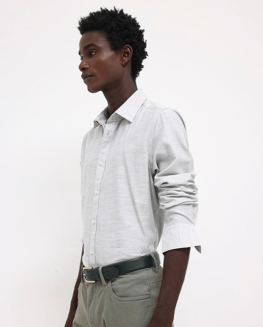 Rare Rabbit Men's Chapelle Light Grey Cotton Plain Regular Fit Full Sleeve Collared Shirt