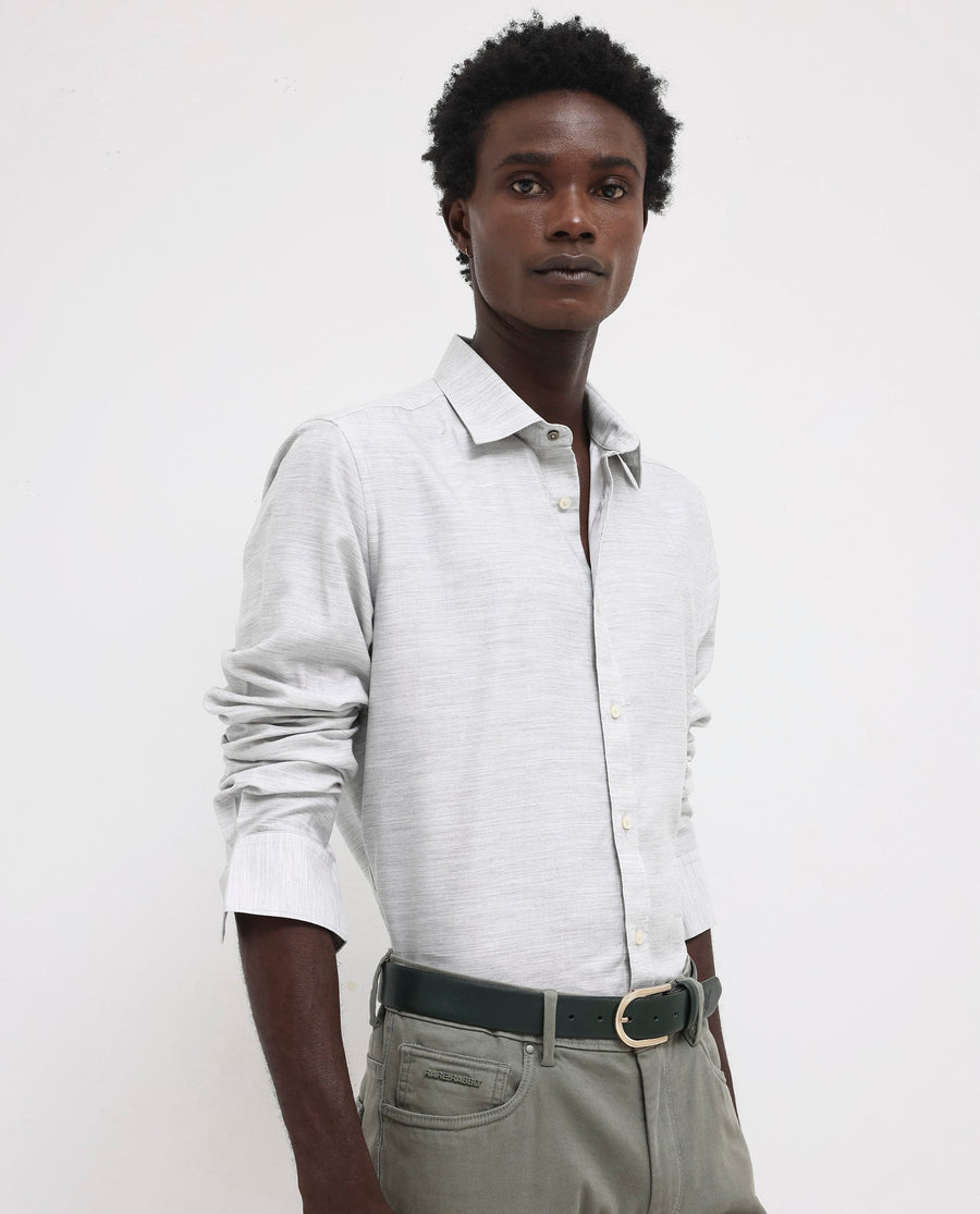 Rare Rabbit Men's Chapelle Light Grey Cotton Plain Regular Fit Full Sleeve Collared Shirt
