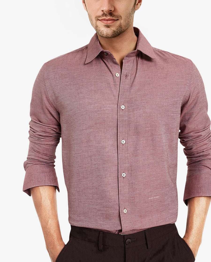 Rare Rabbit Men's Chapelle Maroon Cotton Plain Regular Fit Full Sleeve Collared Shirt