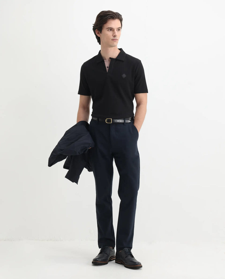 Rare Rabbit Men's Charles Black Cotton Plain Regular Fit Half Sleeve Polo