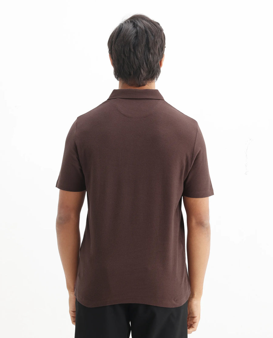 Rare Rabbit Men's Charles Dark Brown Cotton Plain Regular Fit Half Sleeve Polo
