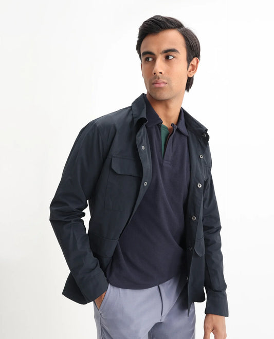 Rare Rabbit Men's Charles Navy Cotton Plain Regular Fit Half Sleeve Polo
