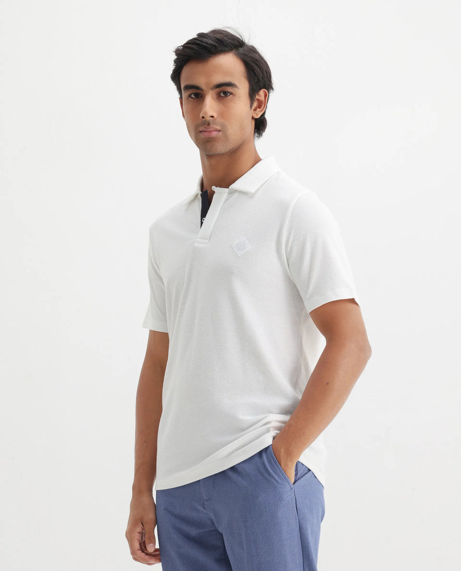 Rare Rabbit Men's Charles Off White Cotton Plain Regular Fit Half Sleeve Polo