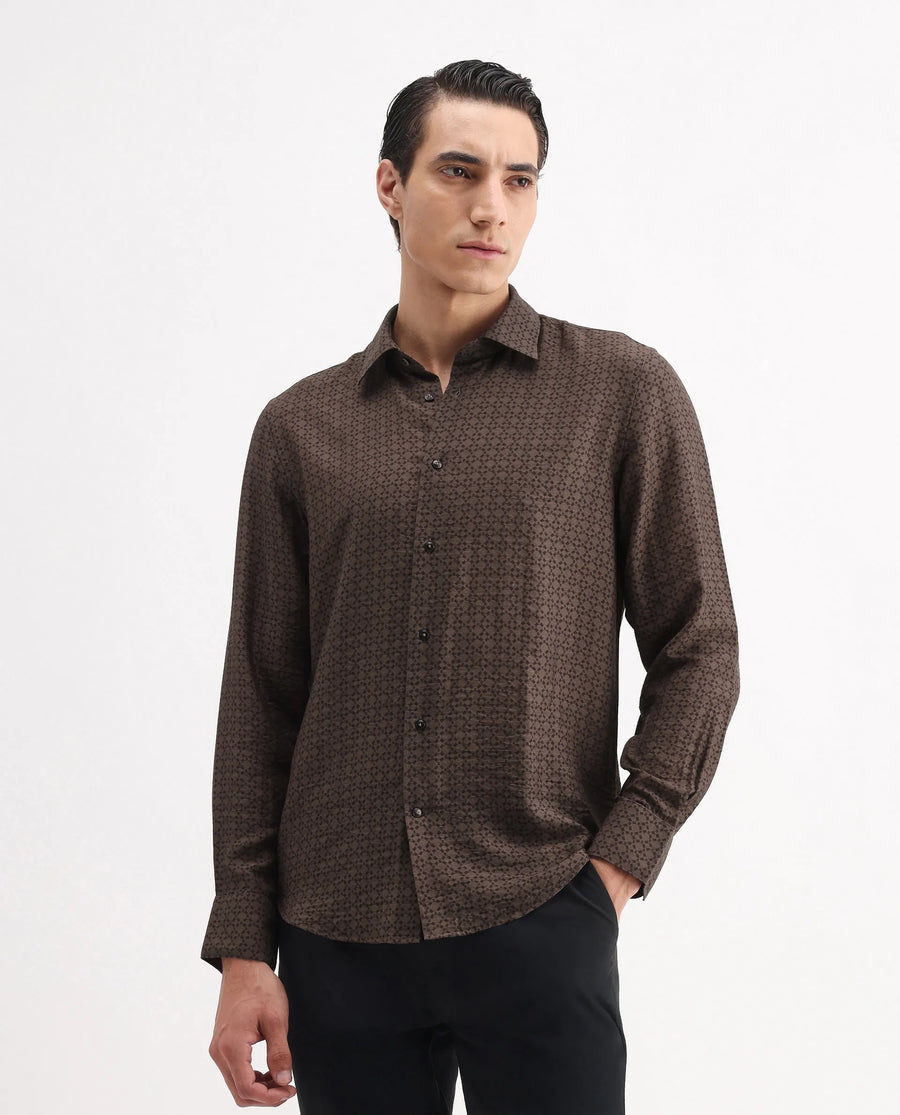 Rare Rabbit Men's Chas Brown Viscose Blend Monogram Print Regular Fit Full Sleeve Collared Shirt