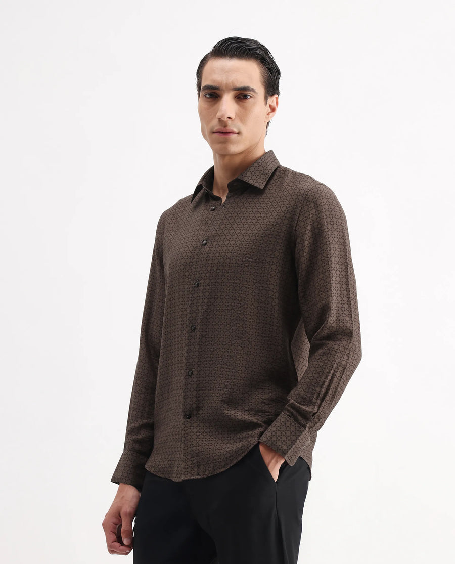 Rare Rabbit Men's Chas Brown Viscose Blend Monogram Print Regular Fit Full Sleeve Collared Shirt