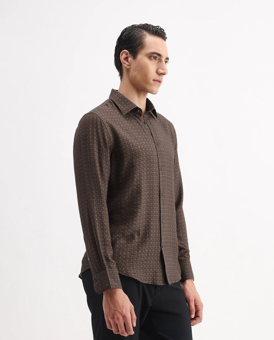 Rare Rabbit Men's Chas Brown Viscose Blend Monogram Print Regular Fit Full Sleeve Collared Shirt