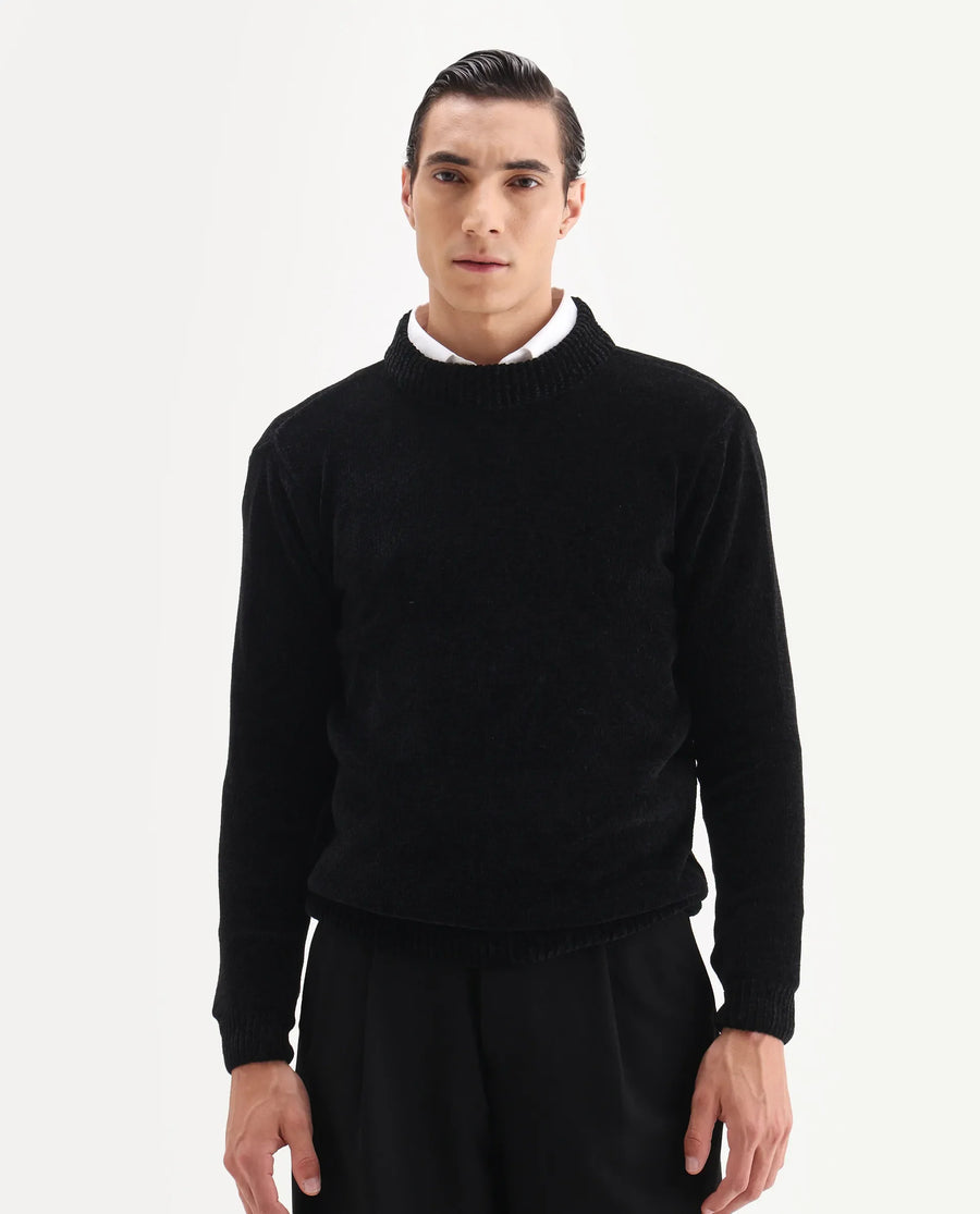 Rare Rabbit Men's Chens Black Polyester Fabric Full Sleeve Crew Neck Regular Plain Sweater