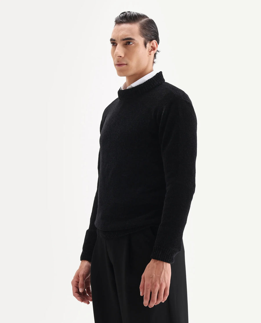 Rare Rabbit Men's Chens Black Polyester Fabric Full Sleeve Crew Neck Regular Plain Sweater
