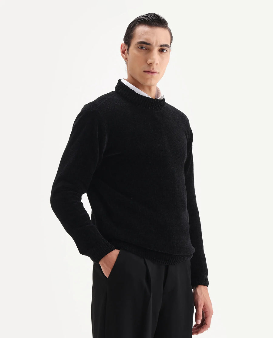Rare Rabbit Men's Chens Black Polyester Fabric Full Sleeve Crew Neck Regular Plain Sweater