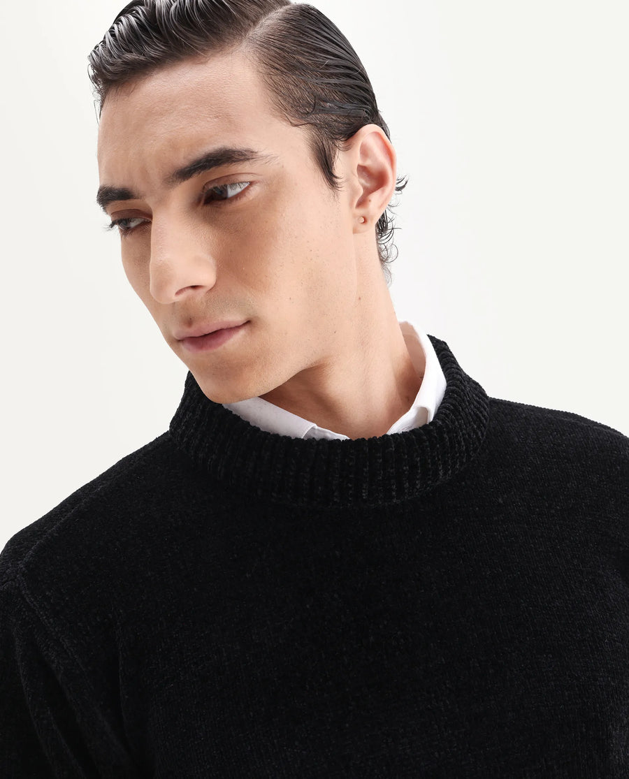 Rare Rabbit Men's Chens Black Polyester Fabric Full Sleeve Crew Neck Regular Plain Sweater
