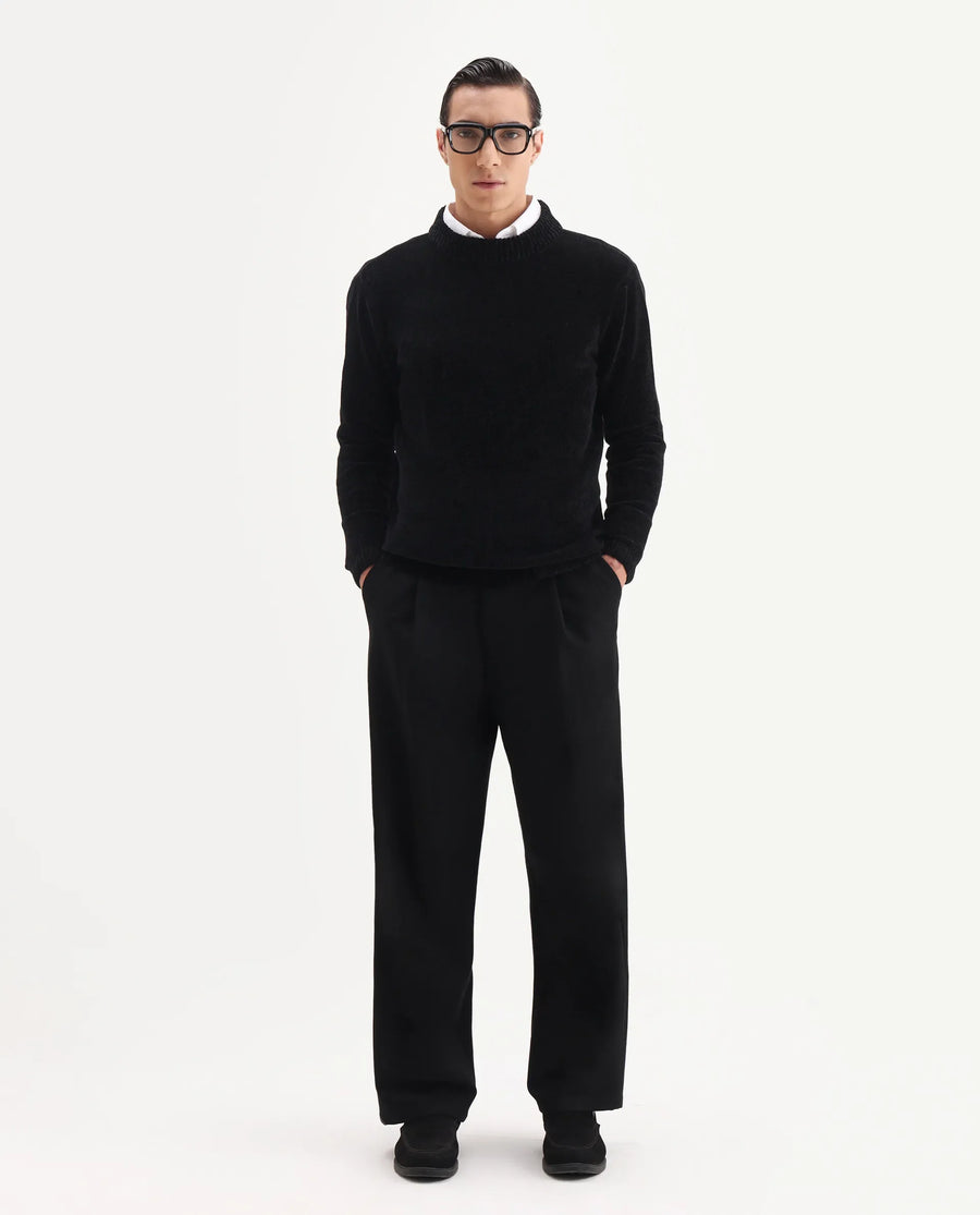 Rare Rabbit Men's Chens Black Polyester Fabric Full Sleeve Crew Neck Regular Plain Sweater