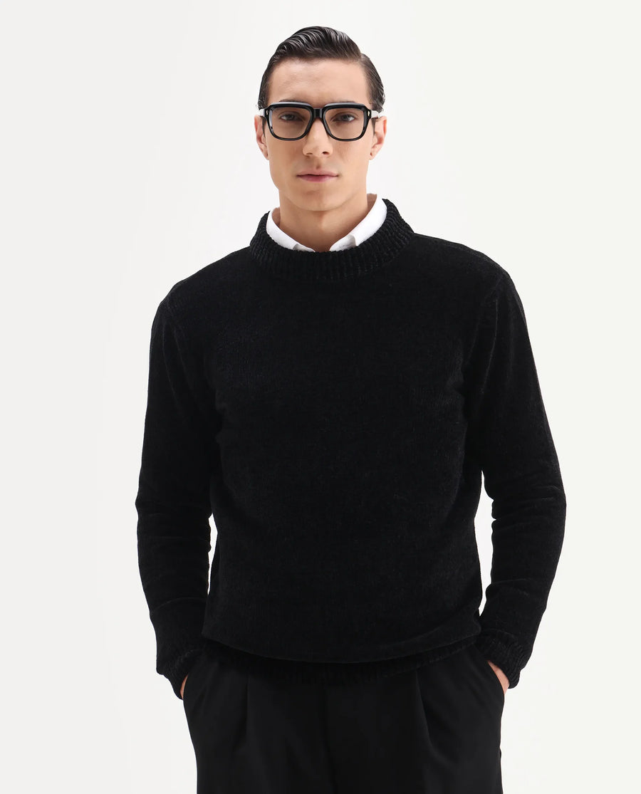 Rare Rabbit Men's Chens Black Polyester Fabric Full Sleeve Crew Neck Regular Plain Sweater