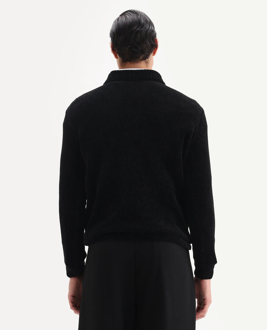 Rare Rabbit Men's Chens Black Polyester Fabric Full Sleeve Crew Neck Regular Plain Sweater