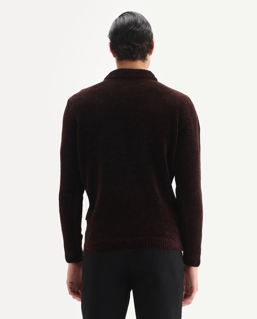 Rare Rabbit Men's Chens Dark Brown Polyester Fabric Full Sleeve Crew Neck Regular Plain Sweater