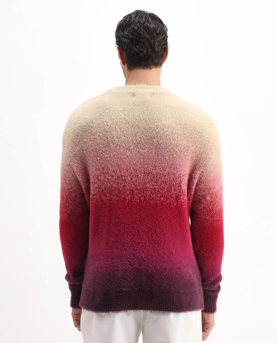 Rare Rabbit Men's Cherv Red Nylon Ombre Regular Fit Full Sleeve Crew Neck Sweater