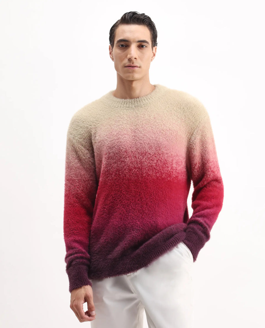 Rare Rabbit Men's Cherv Red Nylon Ombre Regular Fit Full Sleeve Crew Neck Sweater