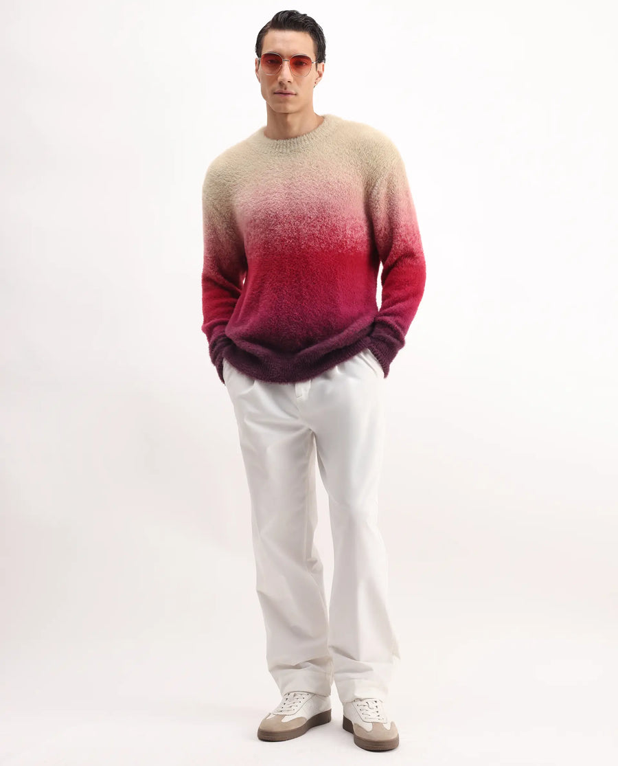 Rare Rabbit Men's Cherv Red Nylon Ombre Regular Fit Full Sleeve Crew Neck Sweater