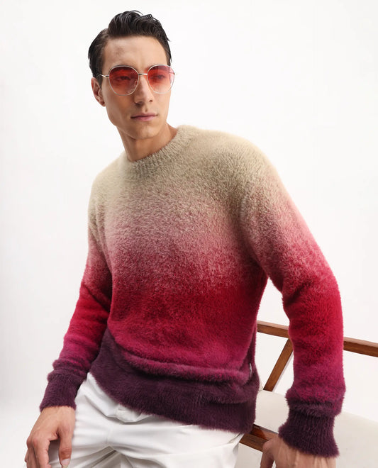 Rare Rabbit Men's Cherv Red Nylon Ombre Regular Fit Full Sleeve Crew Neck Sweater