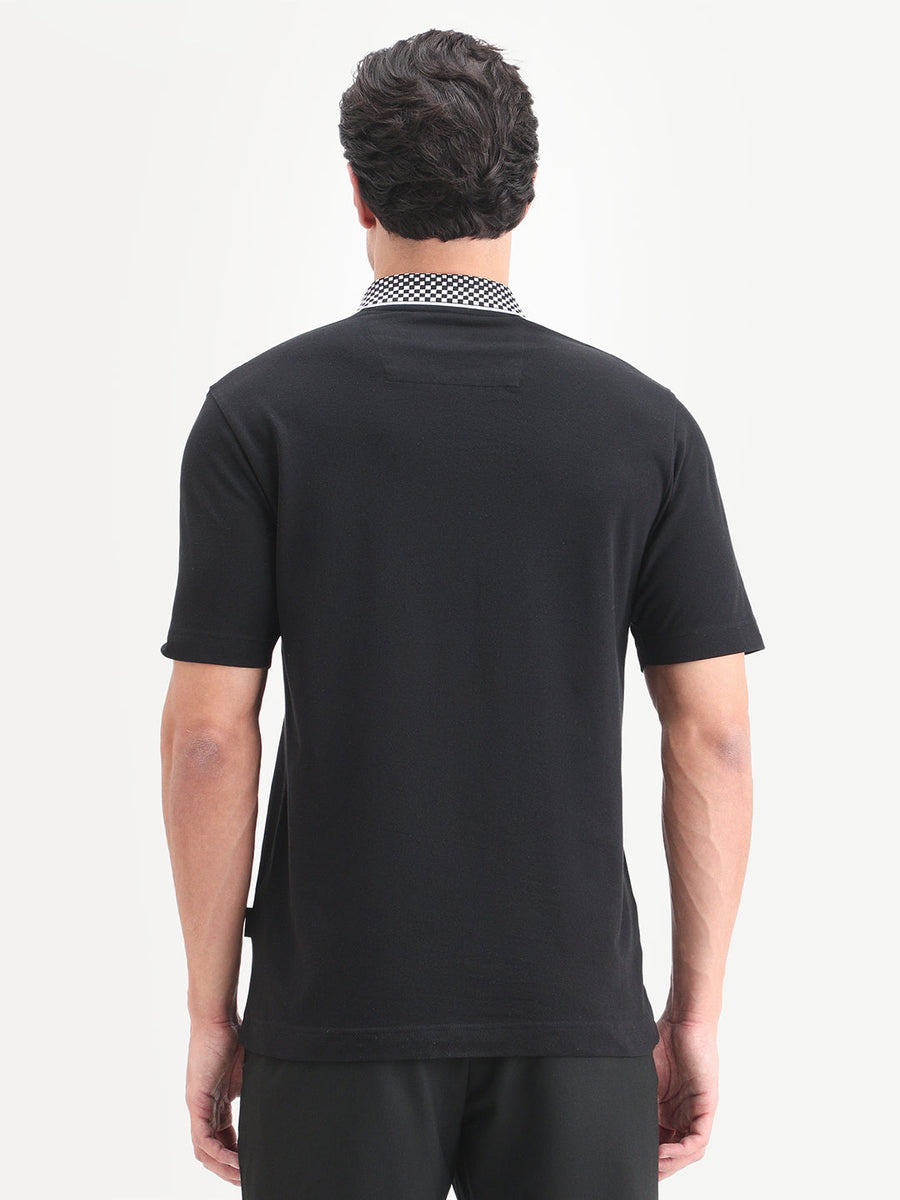 Rare Rabbit Men's Chesk Black Cotton Blend Fabric Half Sleeve Spread Collar Regular Fit Plain Polo