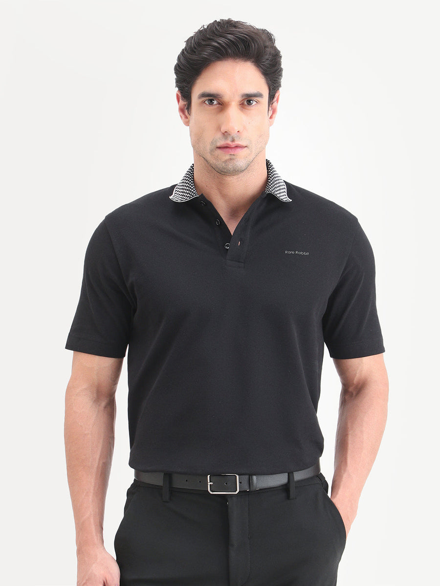Rare Rabbit Men's Chesk Black Cotton Blend Fabric Half Sleeve Spread Collar Regular Fit Plain Polo