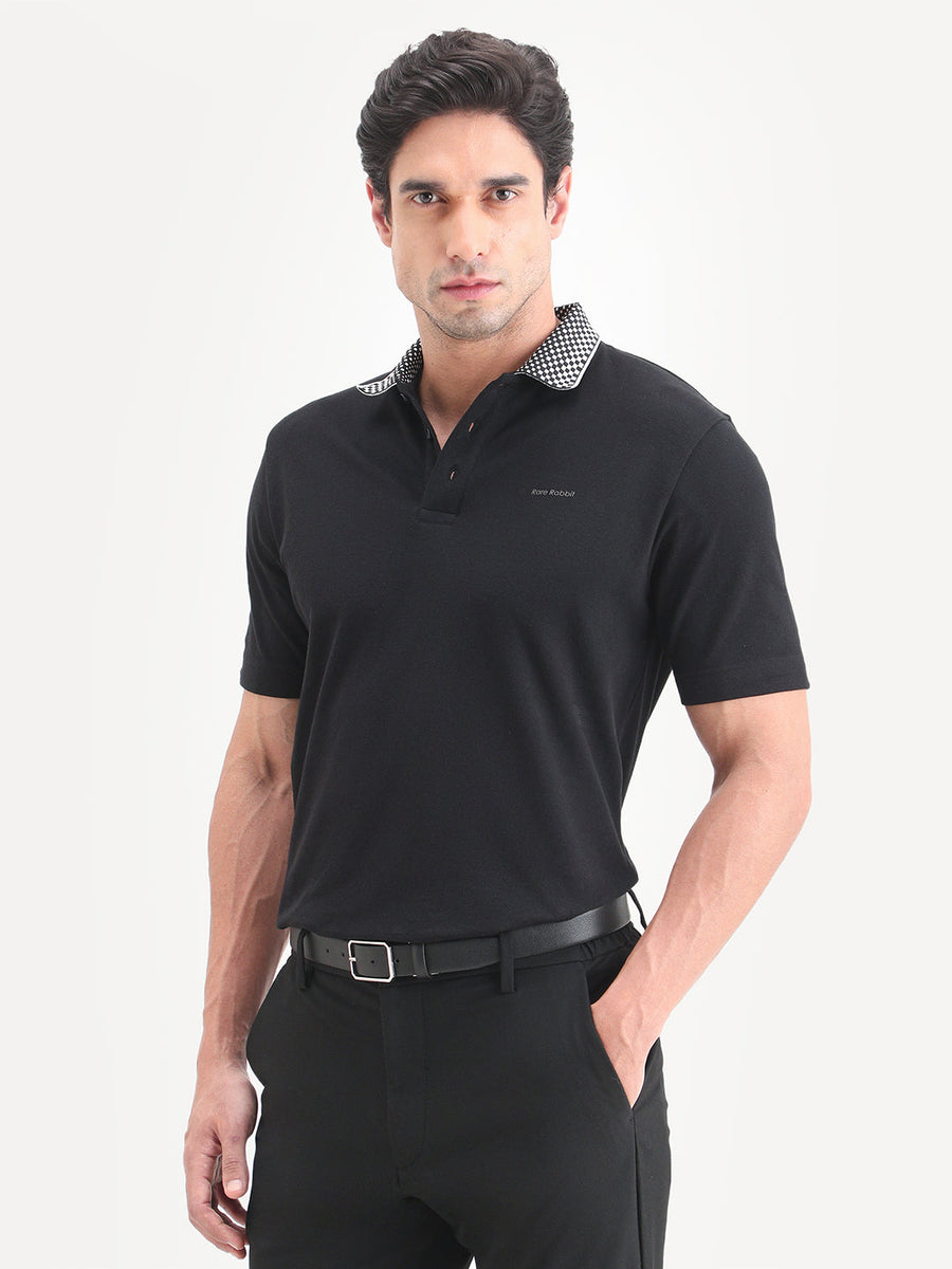 Rare Rabbit Men's Chesk Black Cotton Blend Fabric Half Sleeve Spread Collar Regular Fit Plain Polo