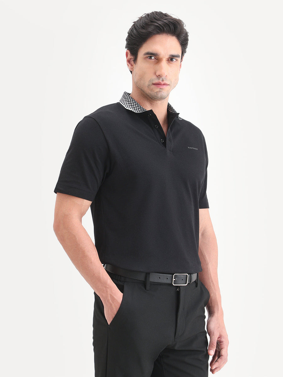 Rare Rabbit Men's Chesk Black Cotton Blend Fabric Half Sleeve Spread Collar Regular Fit Plain Polo
