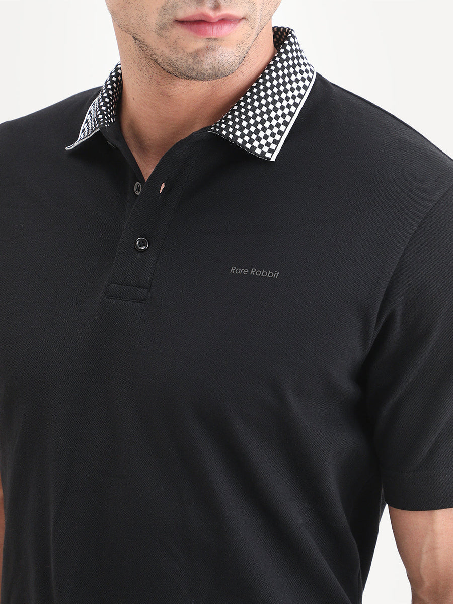 Rare Rabbit Men's Chesk Black Cotton Blend Fabric Half Sleeve Spread Collar Regular Fit Plain Polo