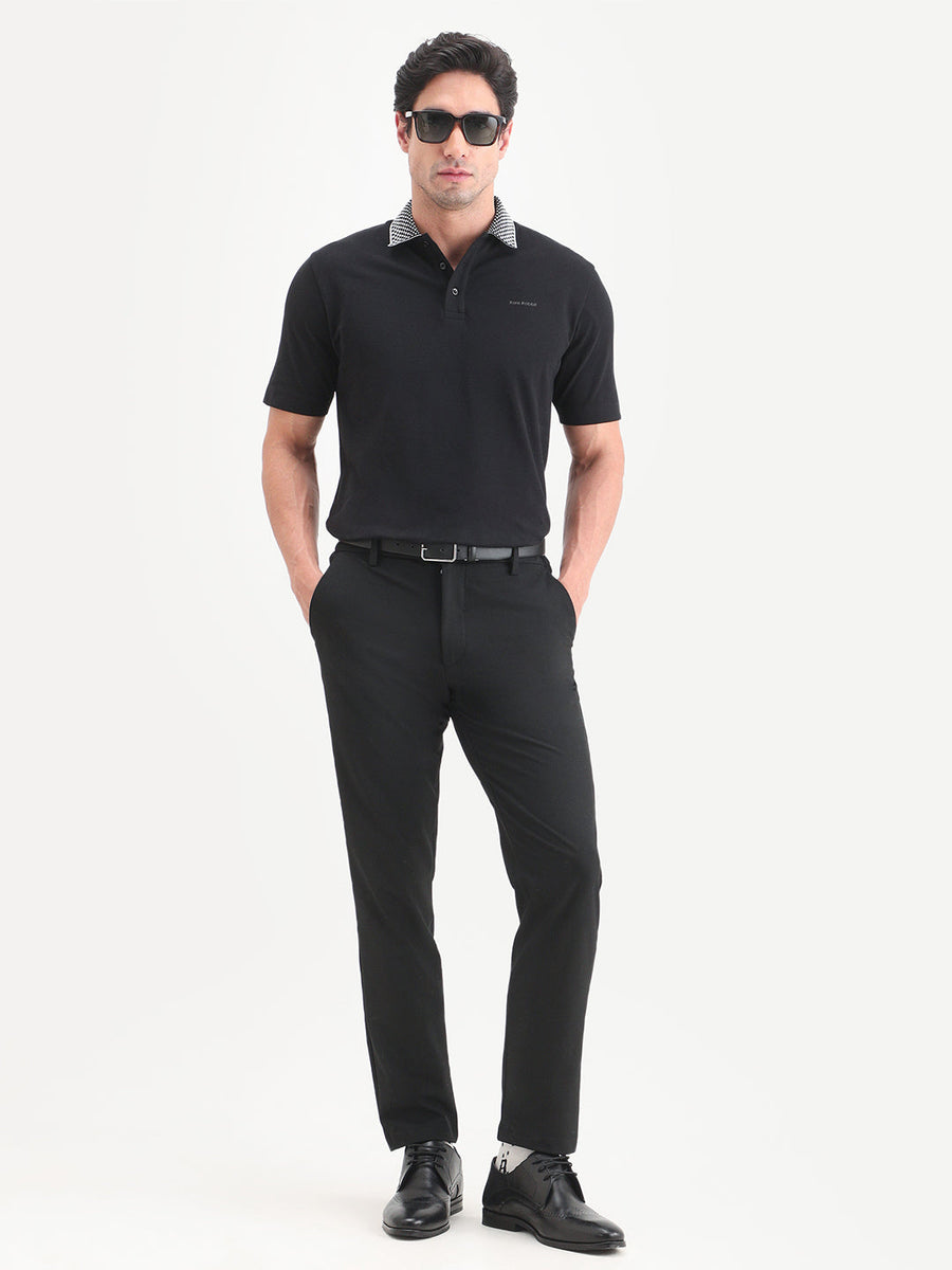 Rare Rabbit Men's Chesk Black Cotton Blend Fabric Half Sleeve Spread Collar Regular Fit Plain Polo