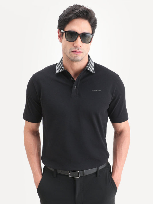 Rare Rabbit Men's Chesk Black Cotton Blend Fabric Half Sleeve Spread Collar Regular Fit Plain Polo