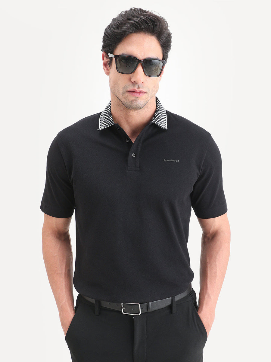 Rare Rabbit Men's Chesk Black Cotton Blend Fabric Half Sleeve Spread Collar Regular Fit Plain Polo