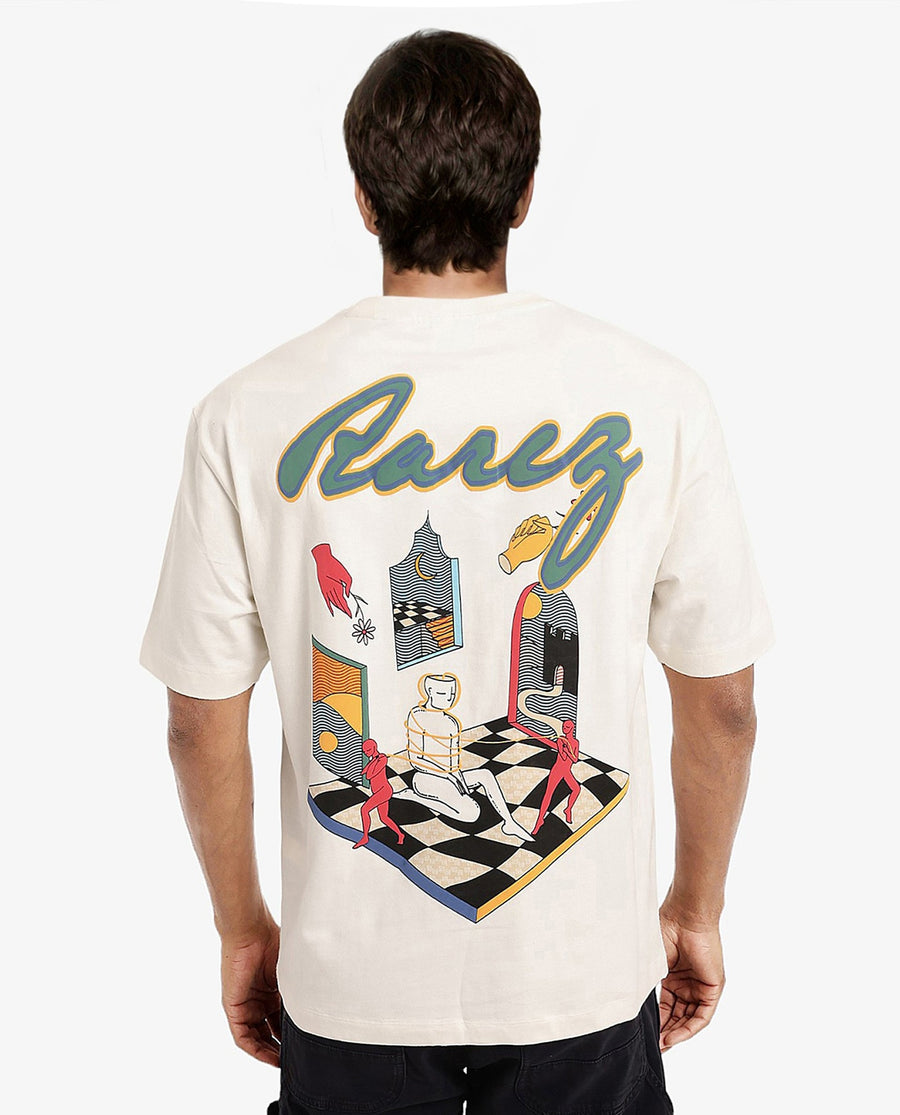 Rare Rabbit Men's Ches Off White Cotton Graphic Print Oversized Fit Half Sleeve Crew Neck T-Shirt