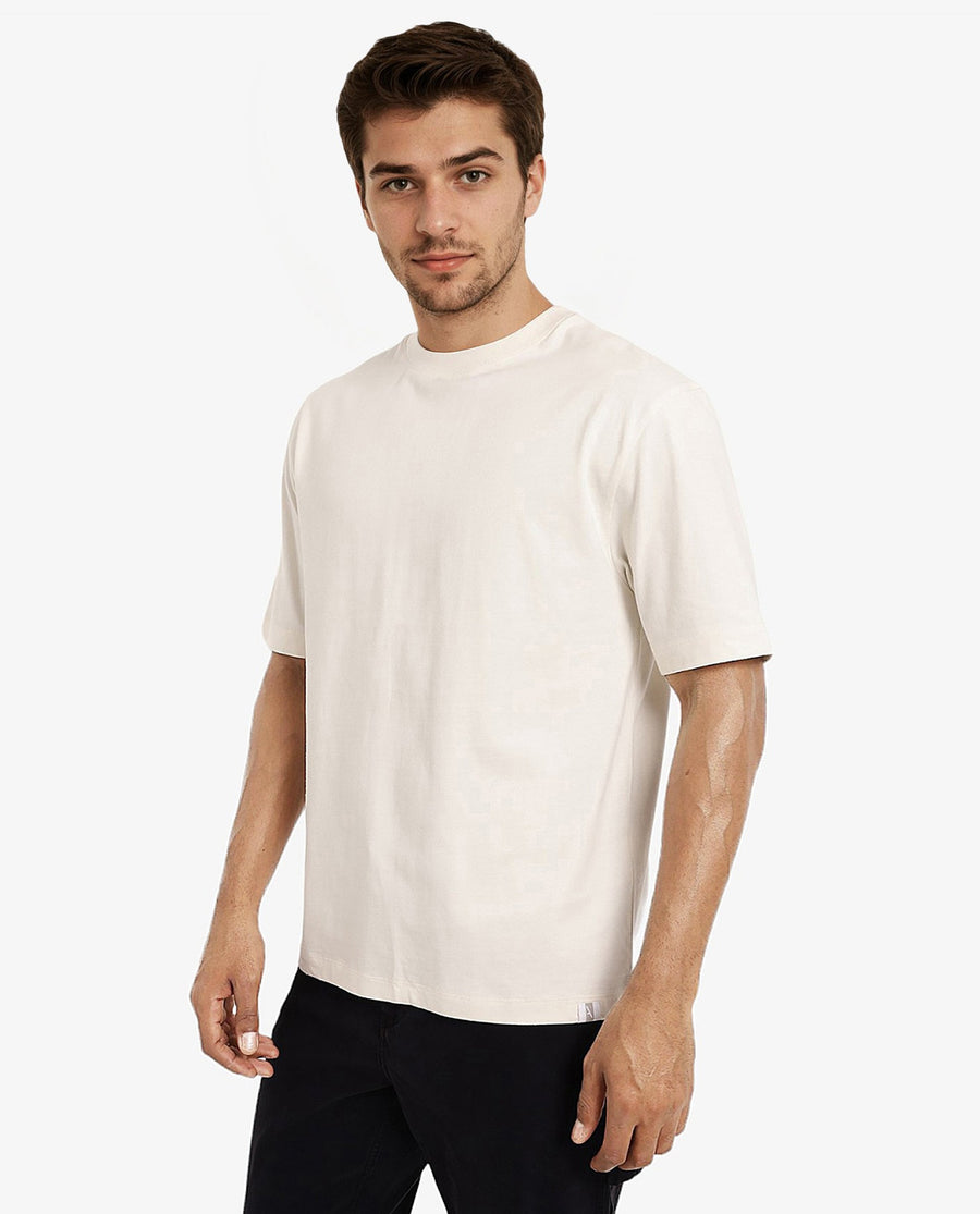 Rare Rabbit Men's Ches Off White Cotton Graphic Print Oversized Fit Half Sleeve Crew Neck T-Shirt