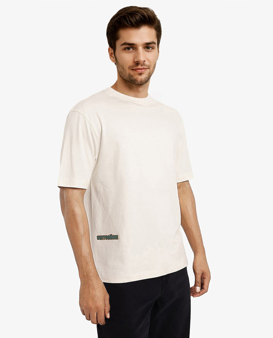 Rare Rabbit Men's Ches Off White Cotton Graphic Print Oversized Fit Half Sleeve Crew Neck T-Shirt