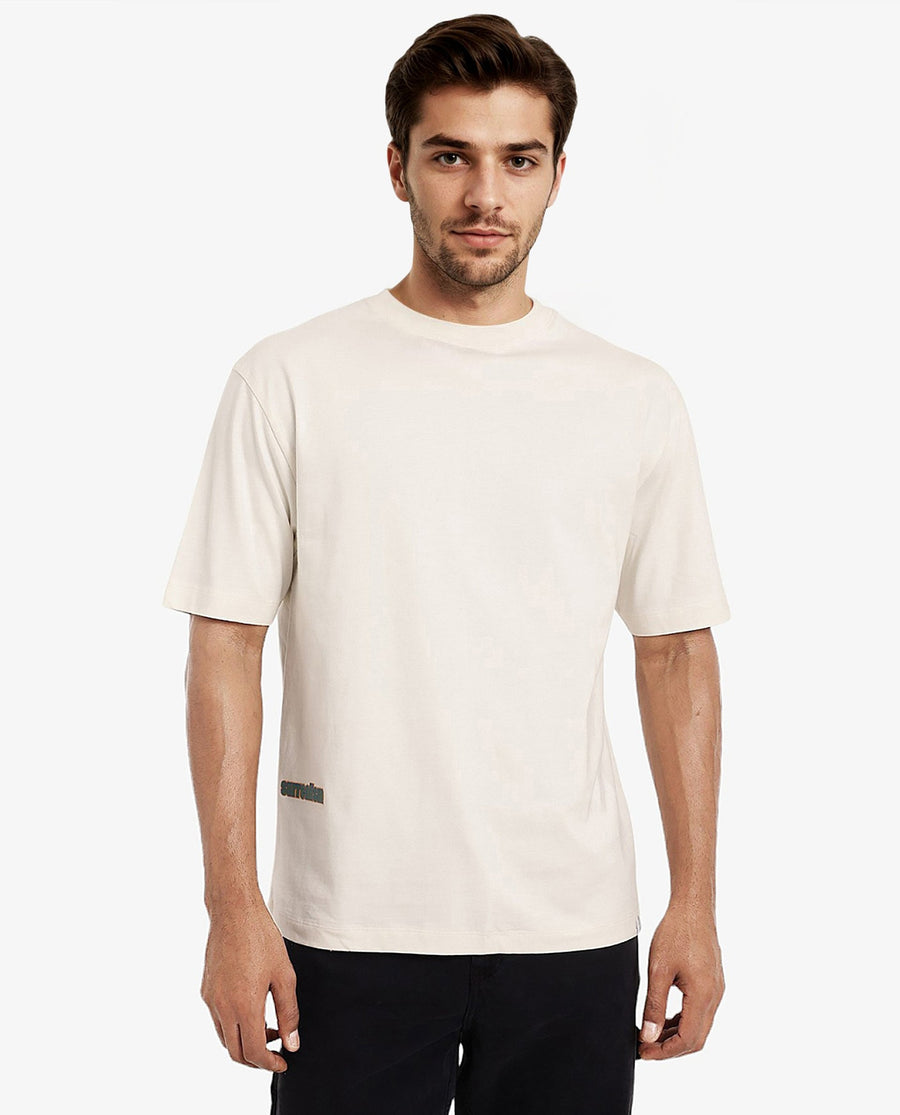 Rare Rabbit Men's Ches Off White Cotton Graphic Print Oversized Fit Half Sleeve Crew Neck T-Shirt