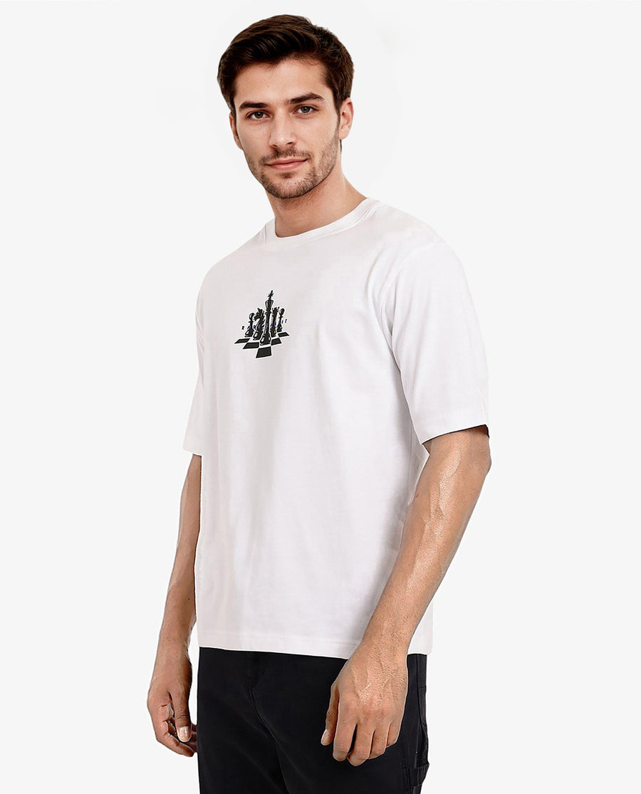 Rare Rabbit Men's Chess White Cotton Graphic Print Regular Fit Half Sleeve Crew Neck T-Shirt