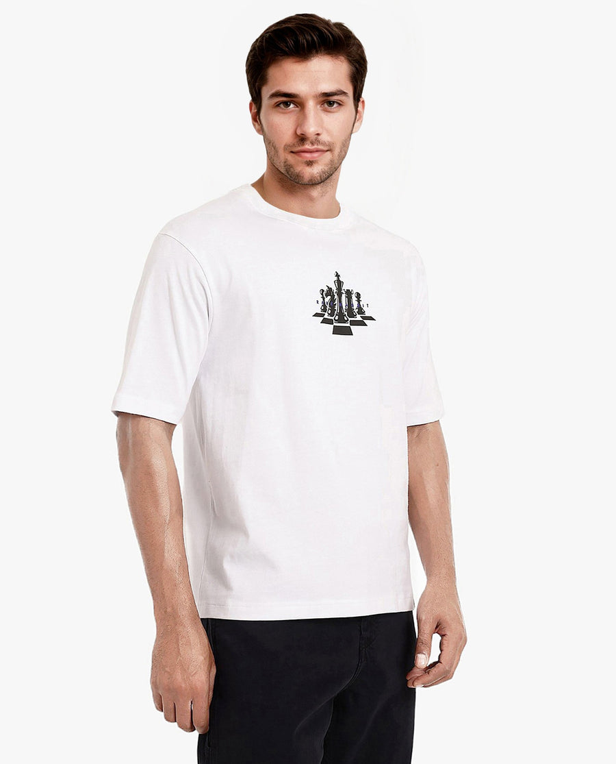 Rare Rabbit Men's Chess White Cotton Graphic Print Regular Fit Half Sleeve Crew Neck T-Shirt