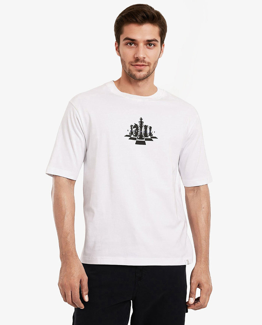 Rare Rabbit Men's Chess White Cotton Graphic Print Regular Fit Half Sleeve Crew Neck T-Shirt