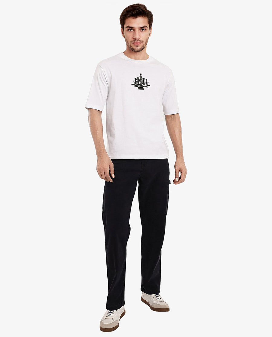 Rare Rabbit Men's Chess White Cotton Graphic Print Regular Fit Half Sleeve Crew Neck T-Shirt