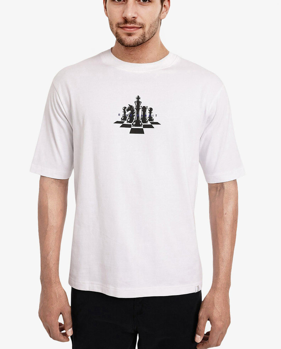 Rare Rabbit Men's Chess White Cotton Graphic Print Regular Fit Half Sleeve Crew Neck T-Shirt