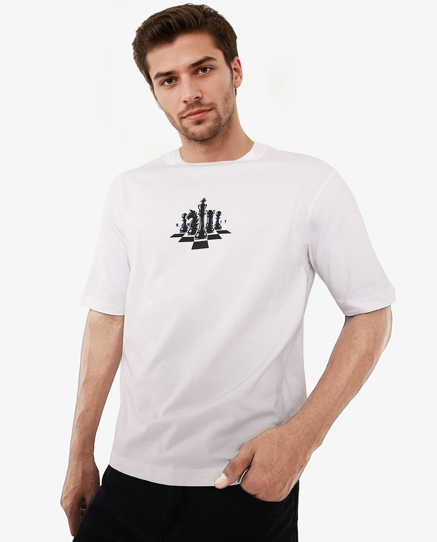 Rare Rabbit Men's Chess White Cotton Graphic Print Regular Fit Half Sleeve Crew Neck T-Shirt