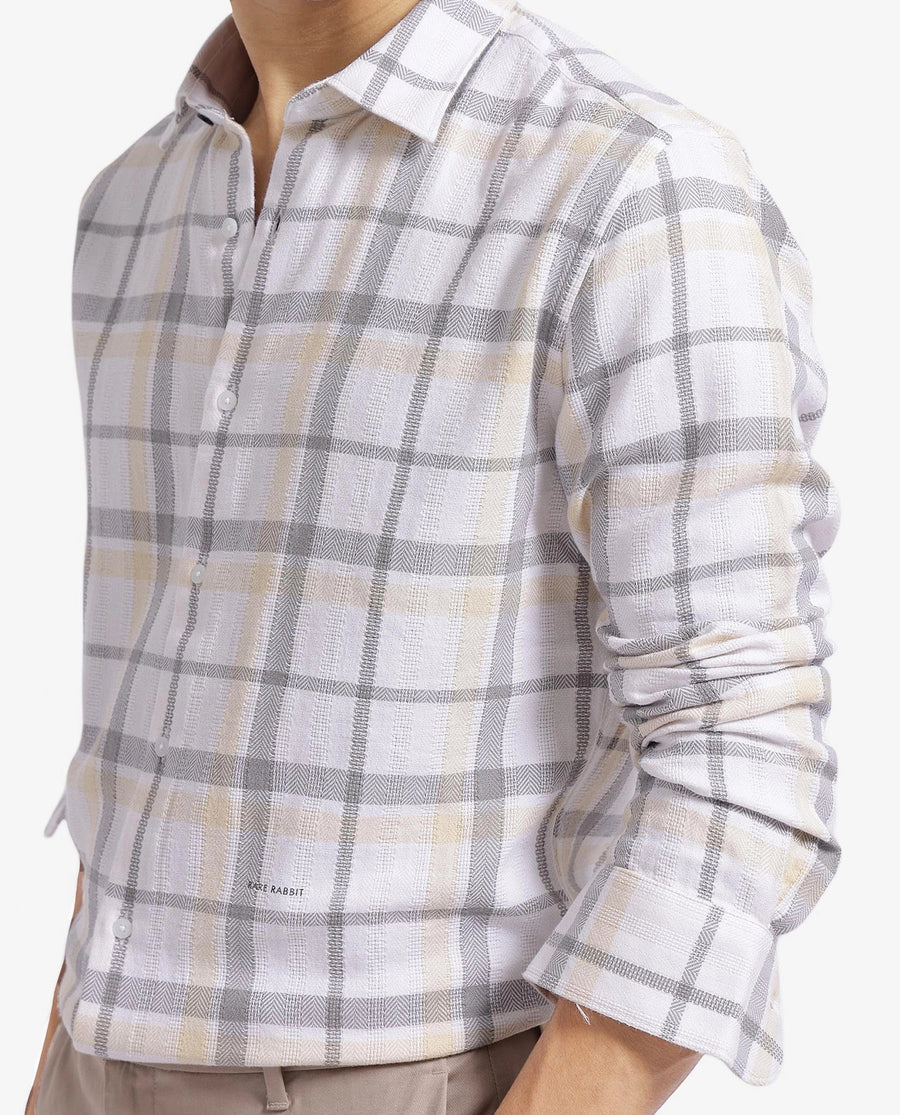 Rare Rabbit Men's Chigo White Cotton Checked Print Regular Fit Full Sleeve Collared Shirt