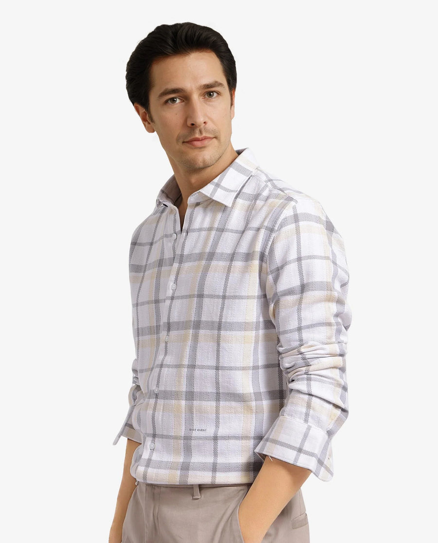 Rare Rabbit Men's Chigo White Cotton Checked Print Regular Fit Full Sleeve Collared Shirt