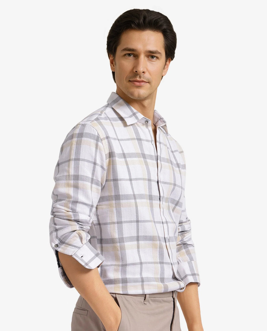 Rare Rabbit Men's Chigo White Cotton Checked Print Regular Fit Full Sleeve Collared Shirt