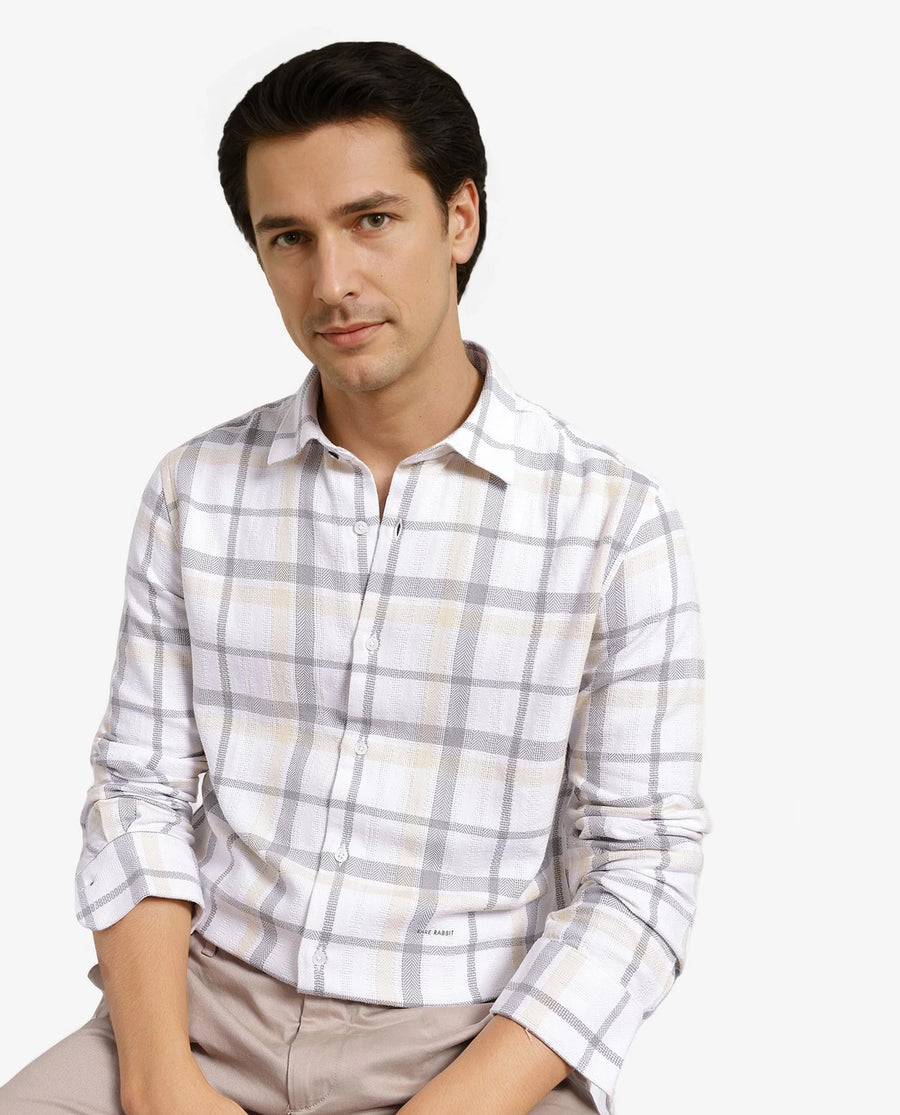 Rare Rabbit Men's Chigo White Cotton Checked Print Regular Fit Full Sleeve Collared Shirt