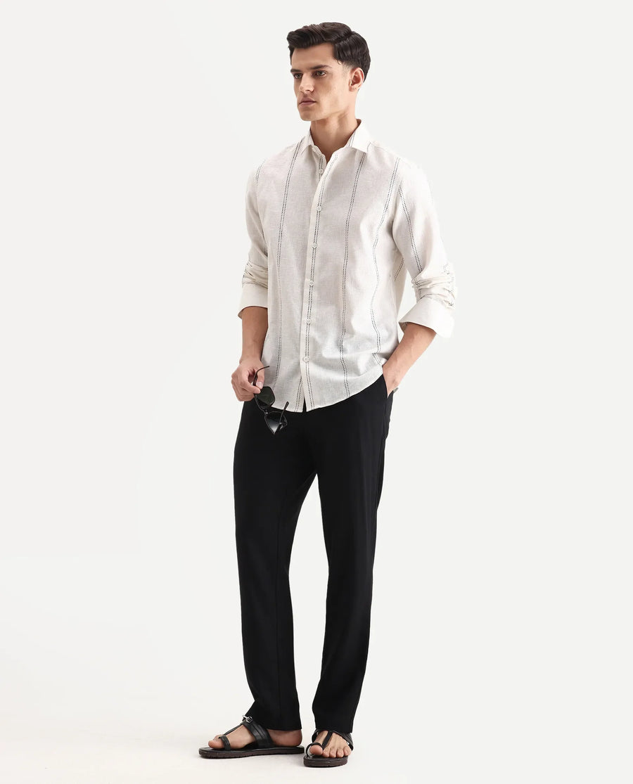 Rare Rabbit Men Chinio Black Linen Blend Drawstring Closure Plain Trouser