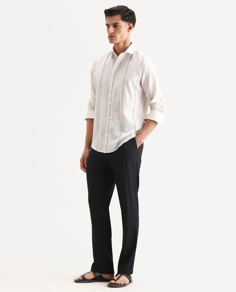Rare Rabbit Men Chinio Black Linen Blend Drawstring Closure Plain Trouser